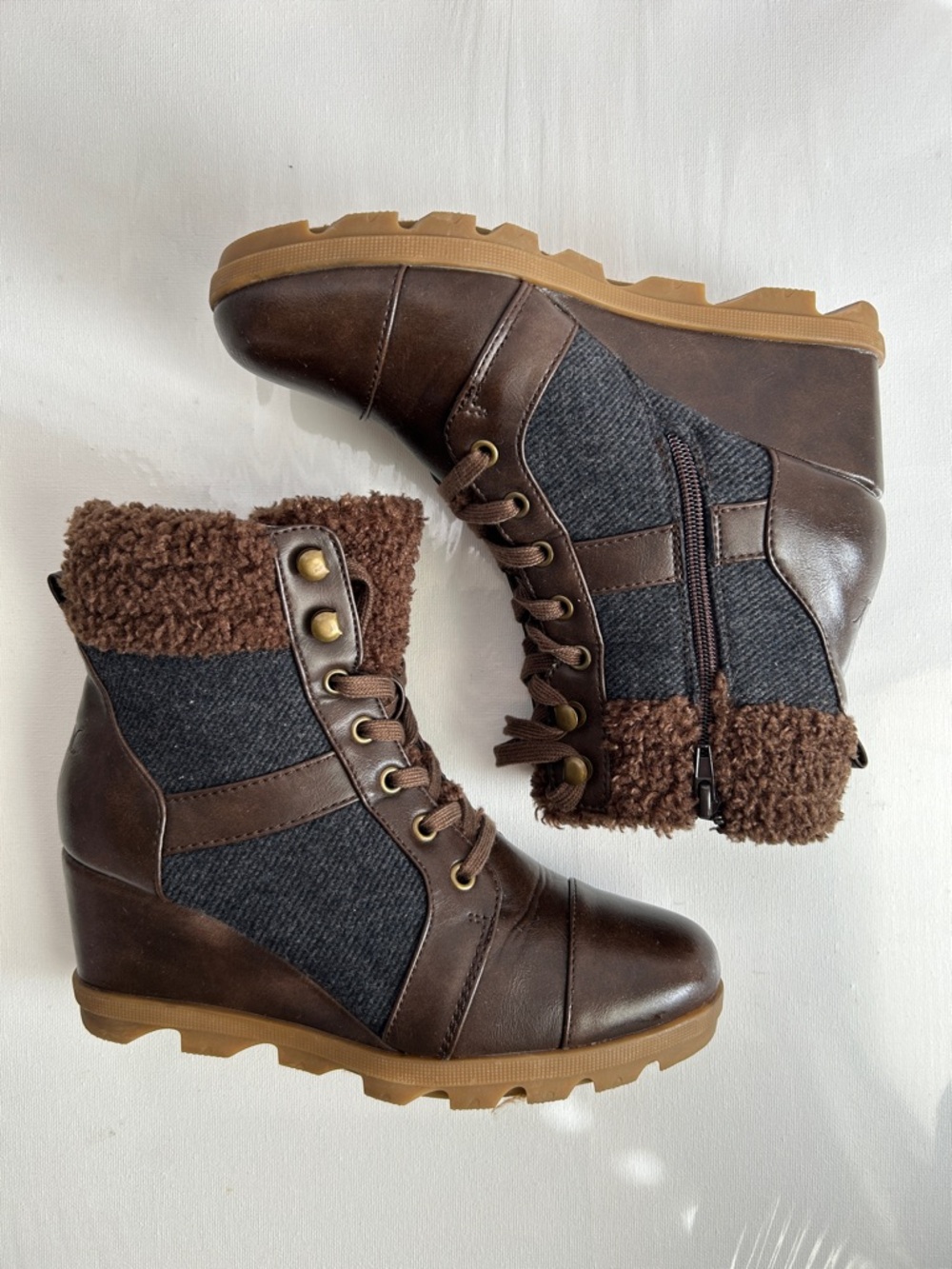 Sugar Brown and Black Lace Up Wedge Boots